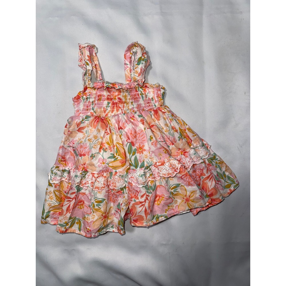 Haute Hippie Kids Style Floral Smocked Tiered Eyelet Dress Pink Orange‎ 12M